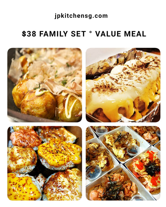 FAMILY SET : $38 (10pc takpyaki + 10pc cheesebomb takoyaki + 1 phoenix maki + 4pc mix inari)